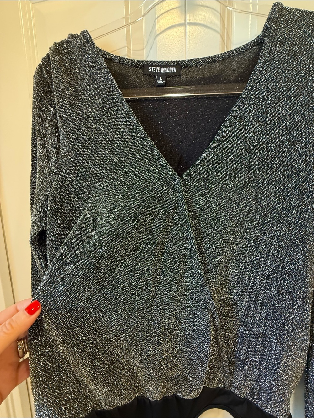 Steve Madden Silver-Black Shimmer V-Neck Top